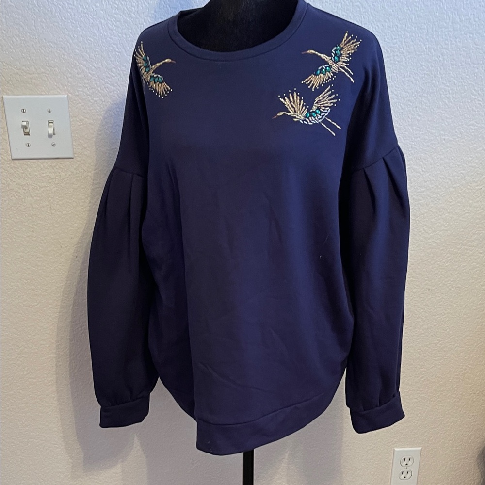 a new day Navy Embroidered Crane Pullover Sweatshirt